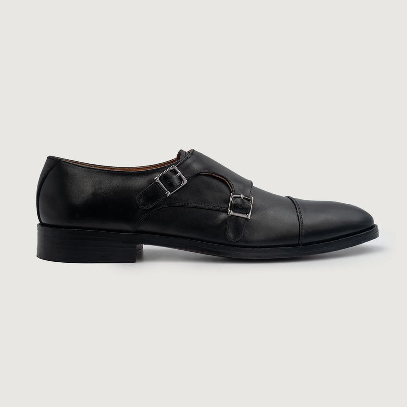 Boston Double Monk Strap შავი Leather Shoes მამაკაცის