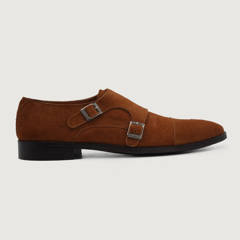 Boston Double Monk Strap ყავისფერი Suede Leather Shoes მამაკაცის