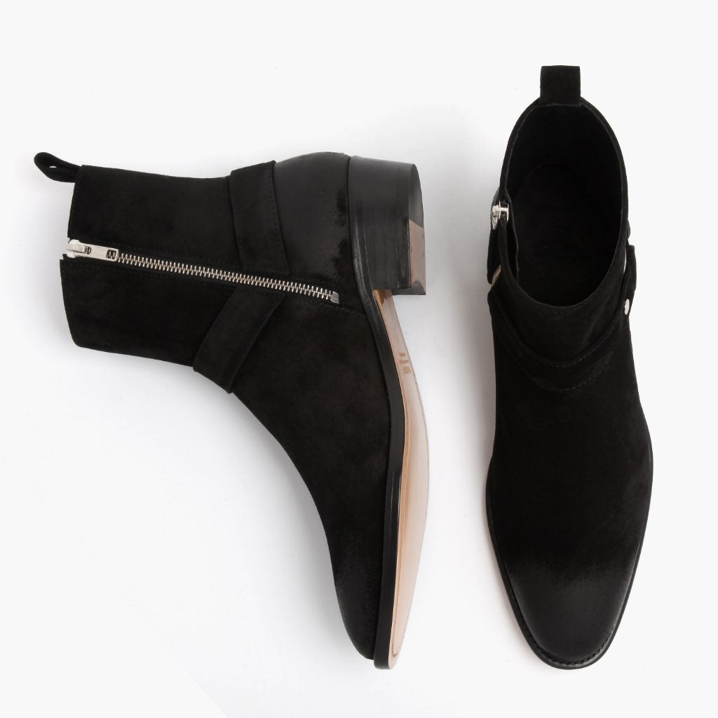 Harness შავი Suede ტყავის ჩექმები მამაკაცის - გაძლიერებული ქუსლი და ზუსტი ორმაგი ნაკერი