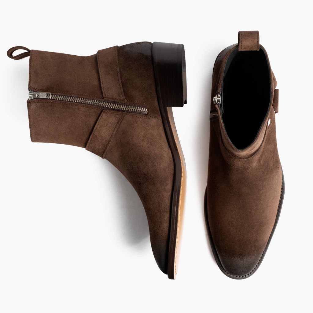 Harness Dark ყავისფერი Suede ტყავის ჩექმები მამაკაცის - გაძლიერებული ქუსლი და ზუსტი ორმაგი ნაკერი