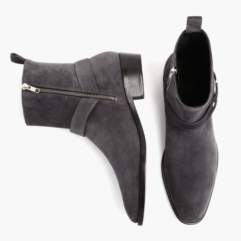 Harness Grey Suede ტყავის ჩექმები მამაკაცის - გაძლიერებული ქუსლი და ზუსტი ორმაგი ნაკერი