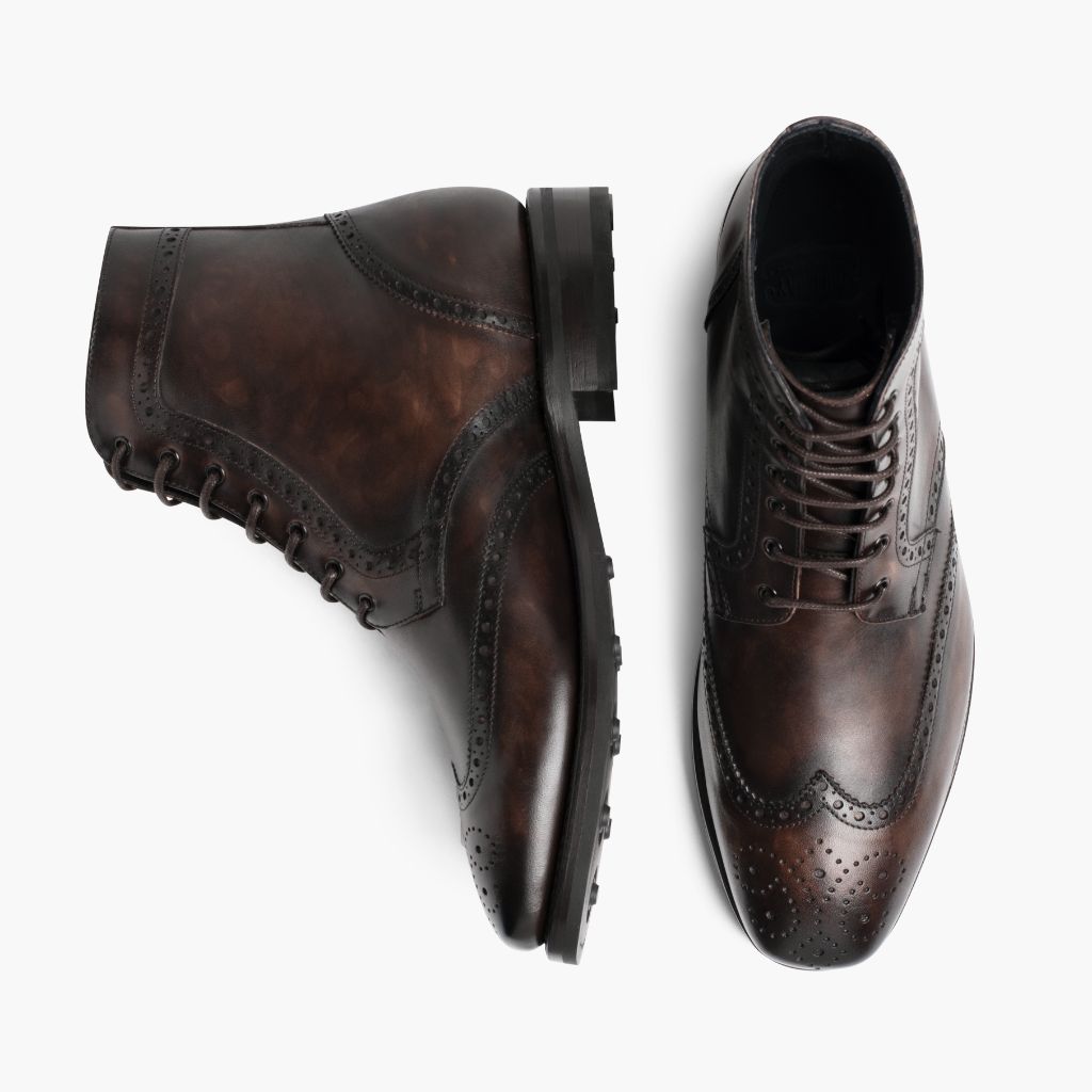 Wingtip Dark Oak ტყავის ჩექმები მამაკაცის For Men - გაძლიერებული ქუსლი და ზუსტი ორმაგი ნაკერი