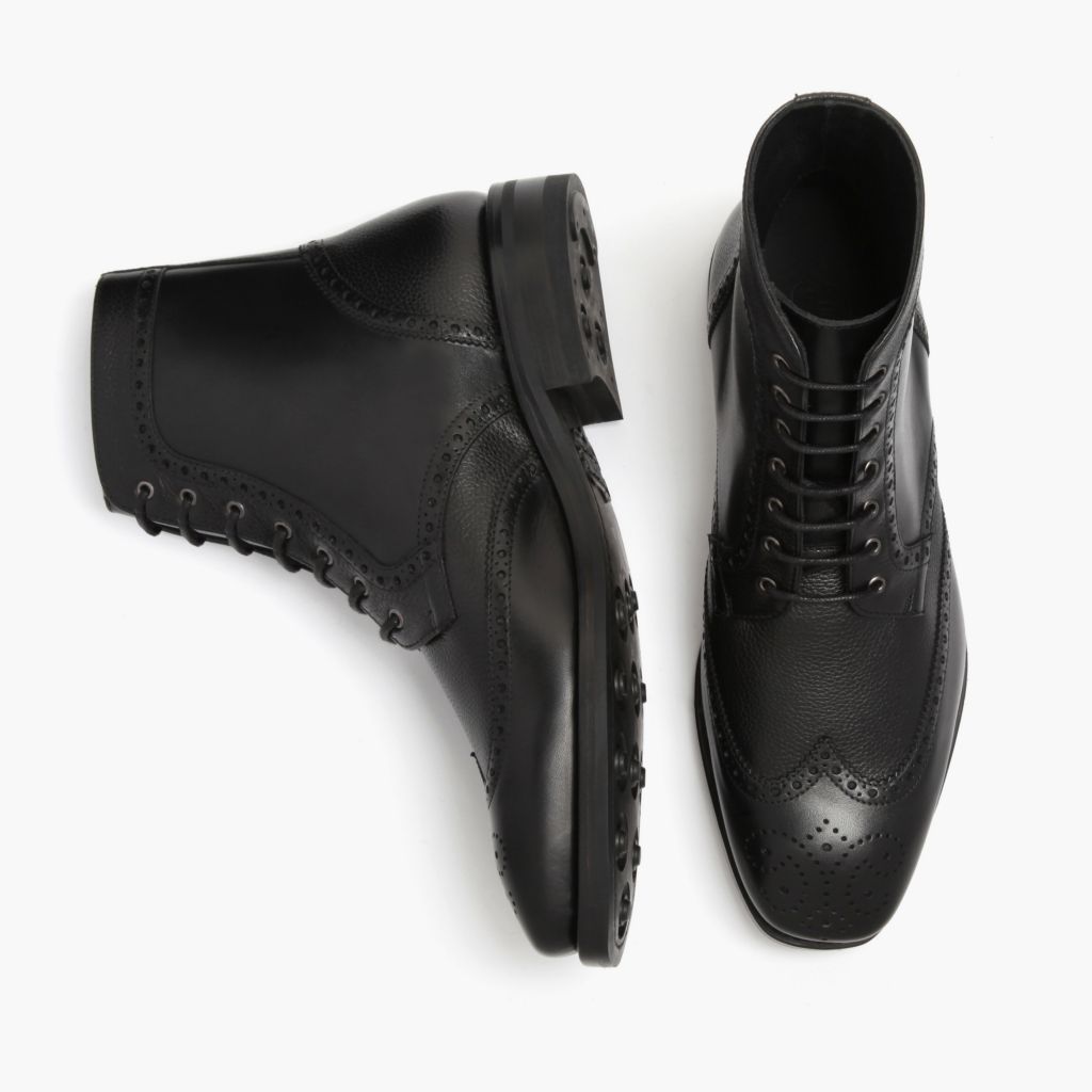 Wingtip შავი ტყავის ჩექმები მამაკაცის For Men - გაძლიერებული ქუსლი და ზუსტი ორმაგი ნაკერი