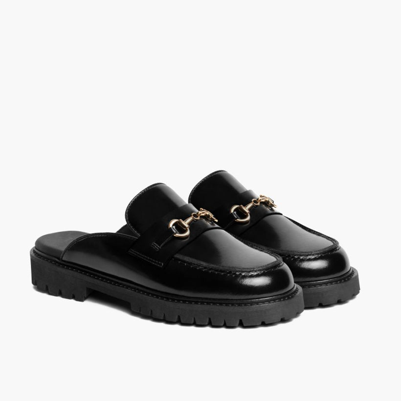 Penny Mule შავი & Gold Leather Loafers ქალის