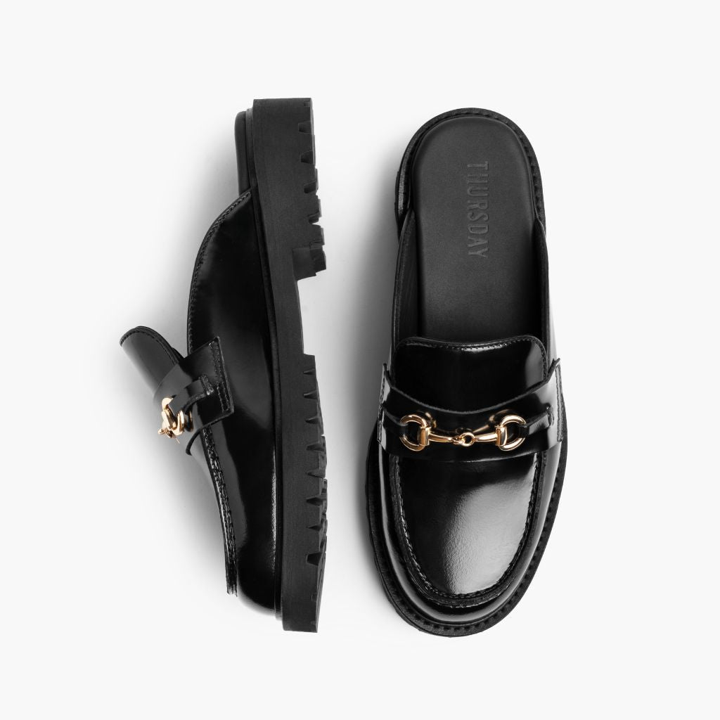 Penny Mule შავი & Gold ტყავის ლოფერები ქალის - გაძლიერებული ქუსლი და ზუსტი ორმაგი ნაკერი