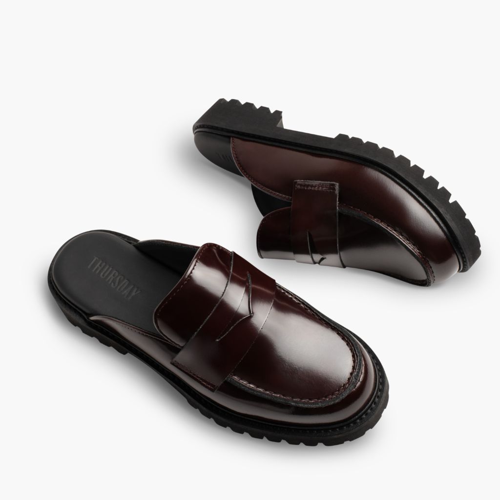 High-Traction Rubber Outsole & Lug Tread Pattern on Penny Mule ბურგუნდიული ტყავის ჩექმები ქალის