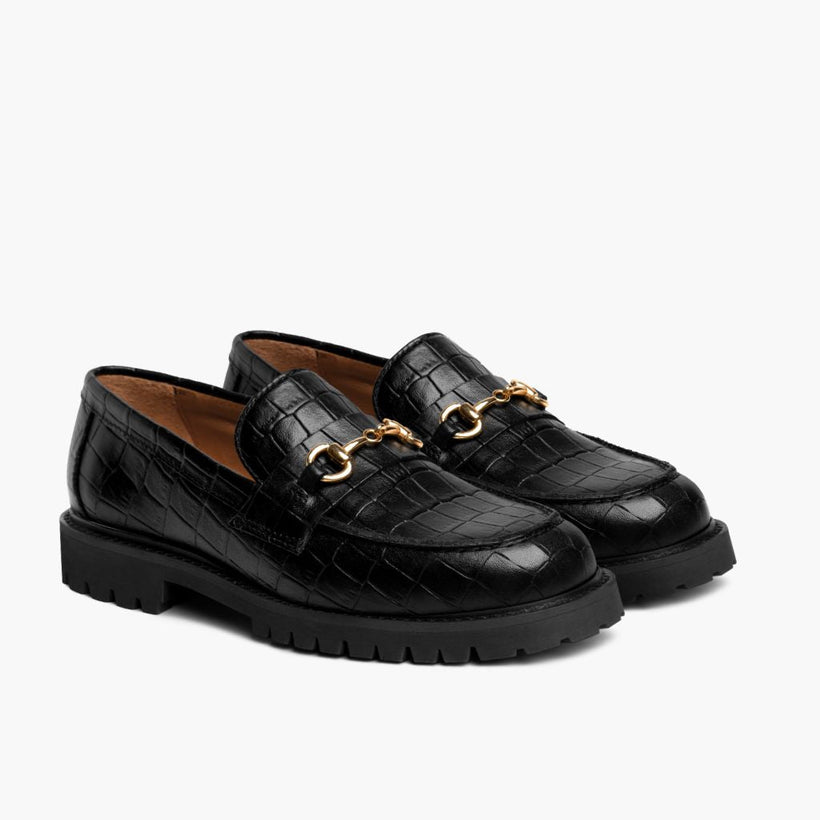 Penny შავი & Gold Croco Leather Loafers ქალის