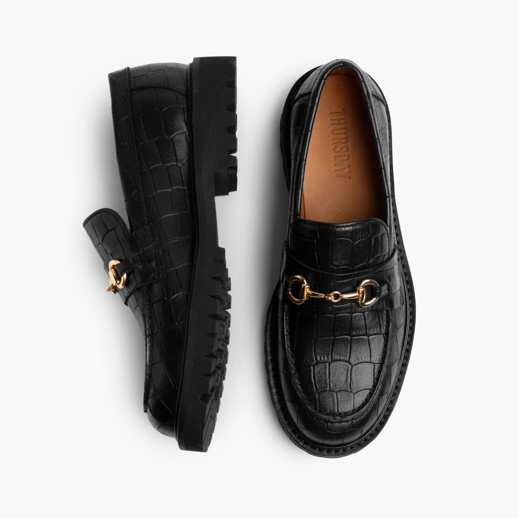 Penny შავი & Gold Croco ტყავის ლოფერები ქალის - გაძლიერებული ქუსლი და ზუსტი ორმაგი ნაკერი