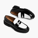 High-Traction Rubber Outsole & Lug Tread Pattern on Women's Penny Black & White Leather Loafers