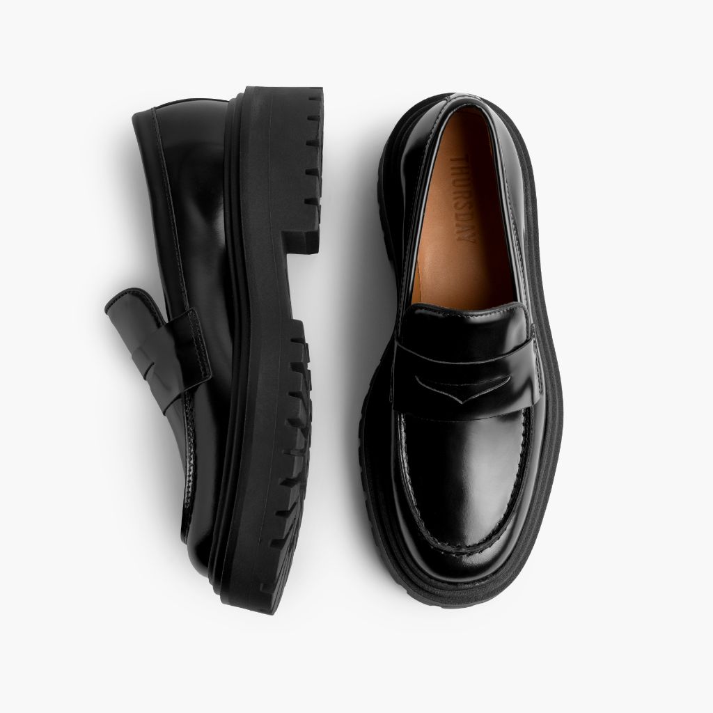 Penny Platform შავი ტყავის ლოფერები ქალის - გაძლიერებული ქუსლი და ზუსტი ორმაგი ნაკერი