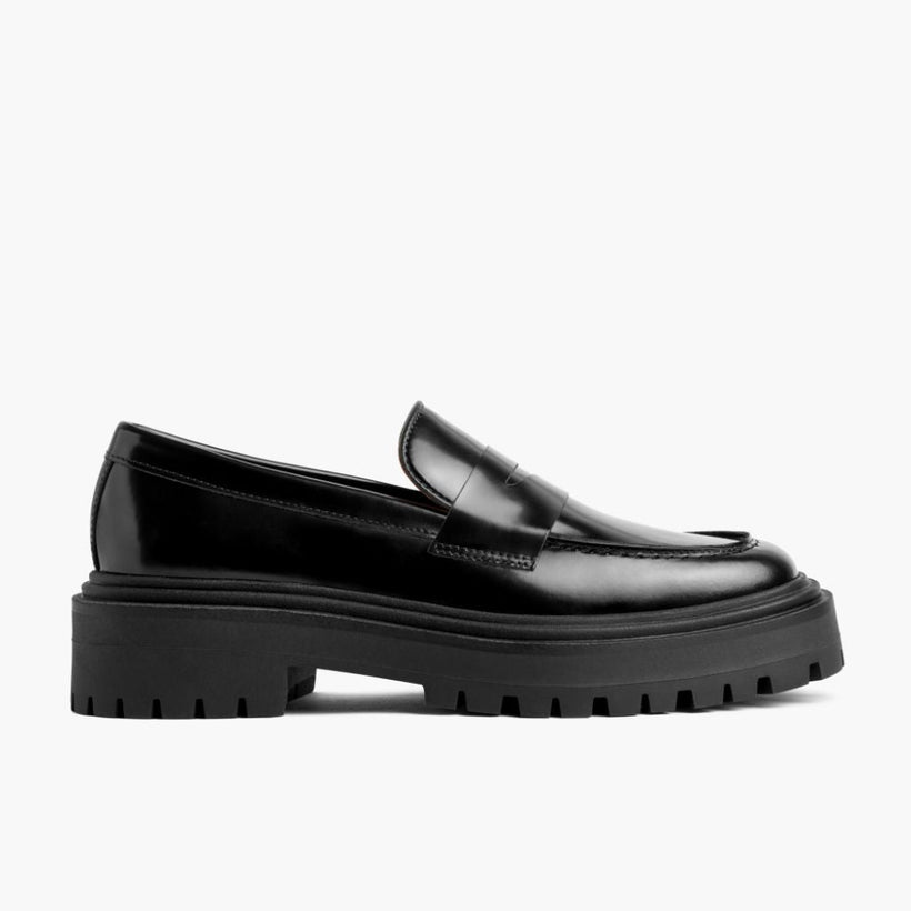 Penny Platform შავი Leather Loafers ქალის