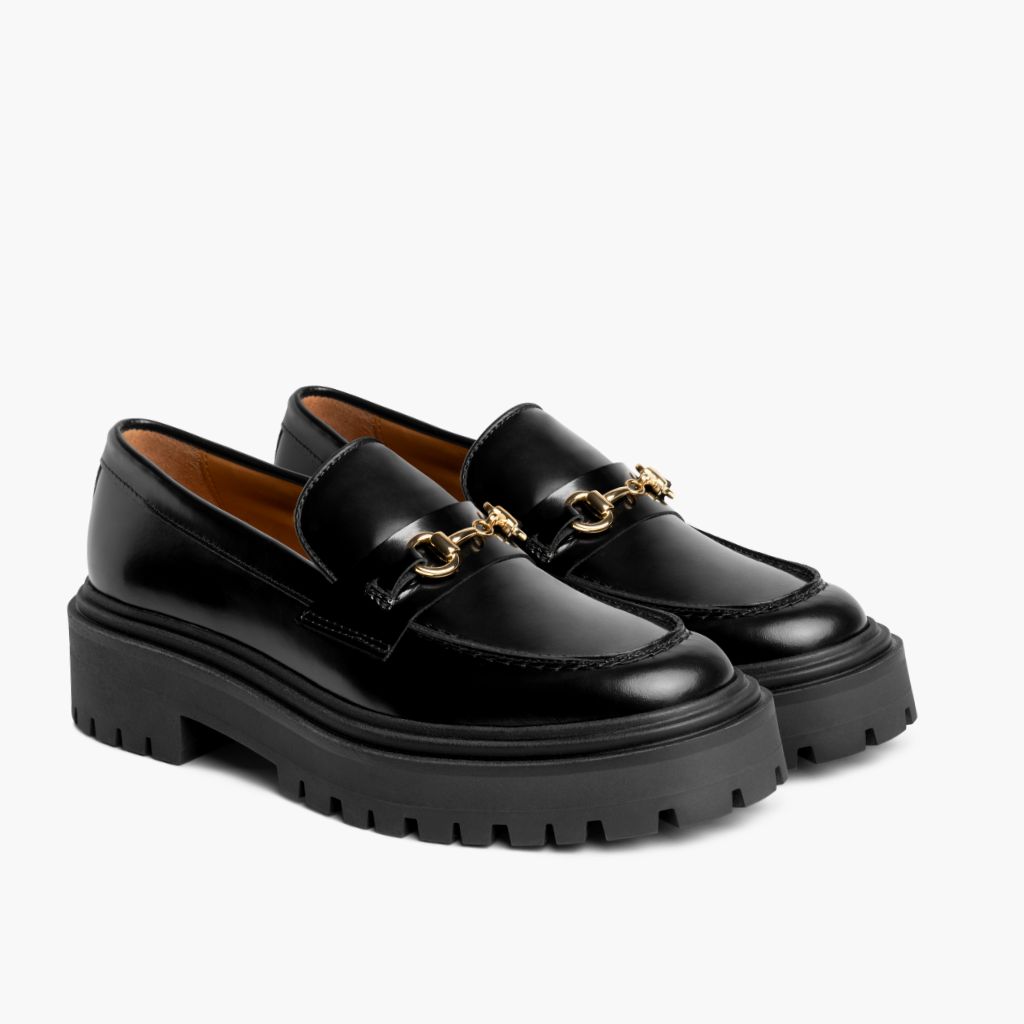 Penny Platform შავი & Gold ტყავის ლოფერები ქალის შავი ნატურალური ხარის ტყავით - გვერდითი ხედი | შეიძინეთ ონლაინ