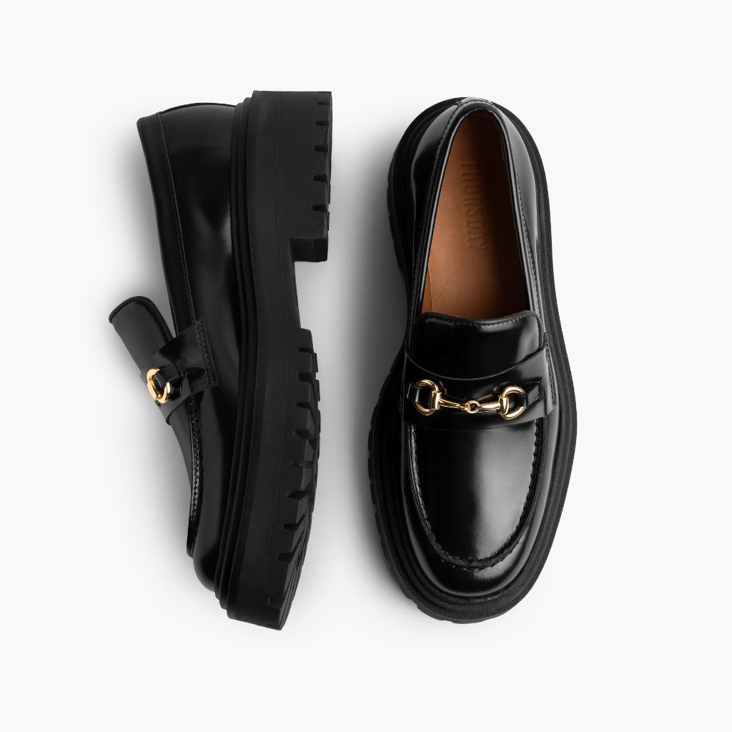 Penny Platform შავი & Gold ტყავის ლოფერები ქალის - გაძლიერებული ქუსლი და ზუსტი ორმაგი ნაკერი