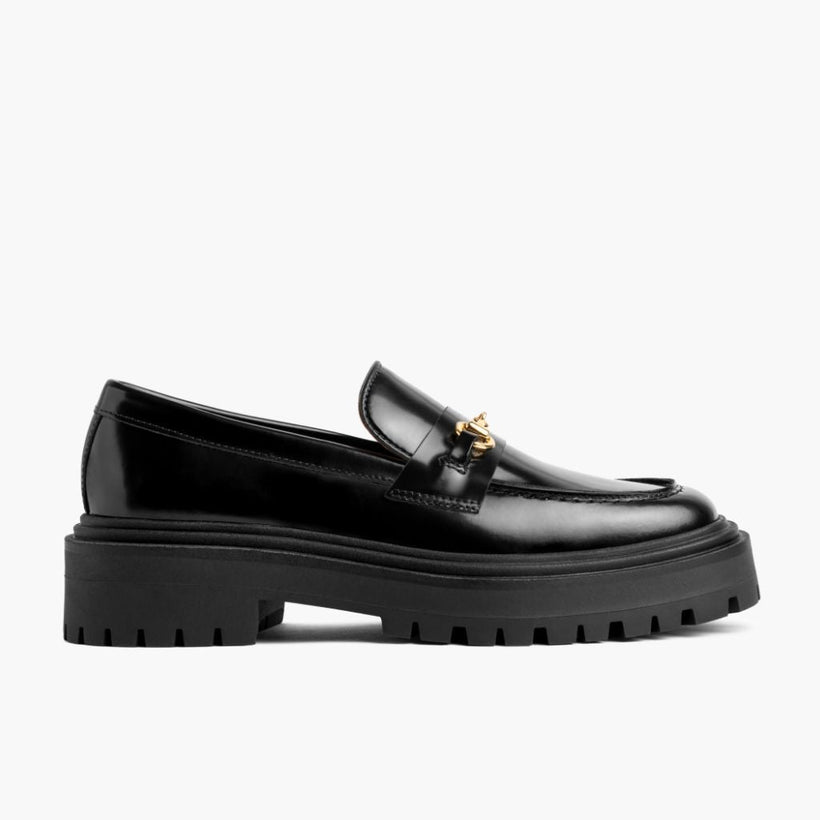 Penny Platform შავი & Gold Leather Loafers ქალის