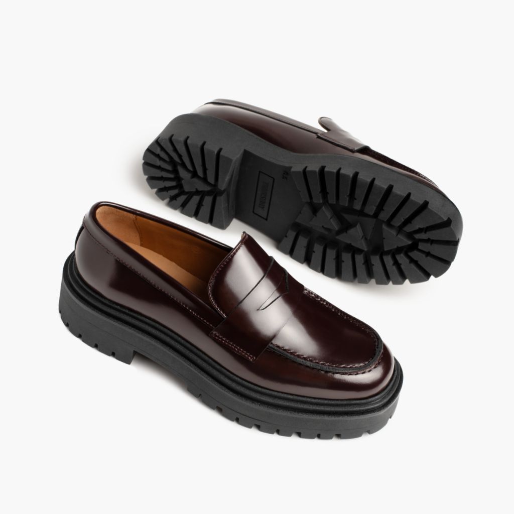 High-Traction Rubber Outsole & Lug Tread Pattern on Penny Platform ბურგუნდიული ტყავის ჩექმები ქალის