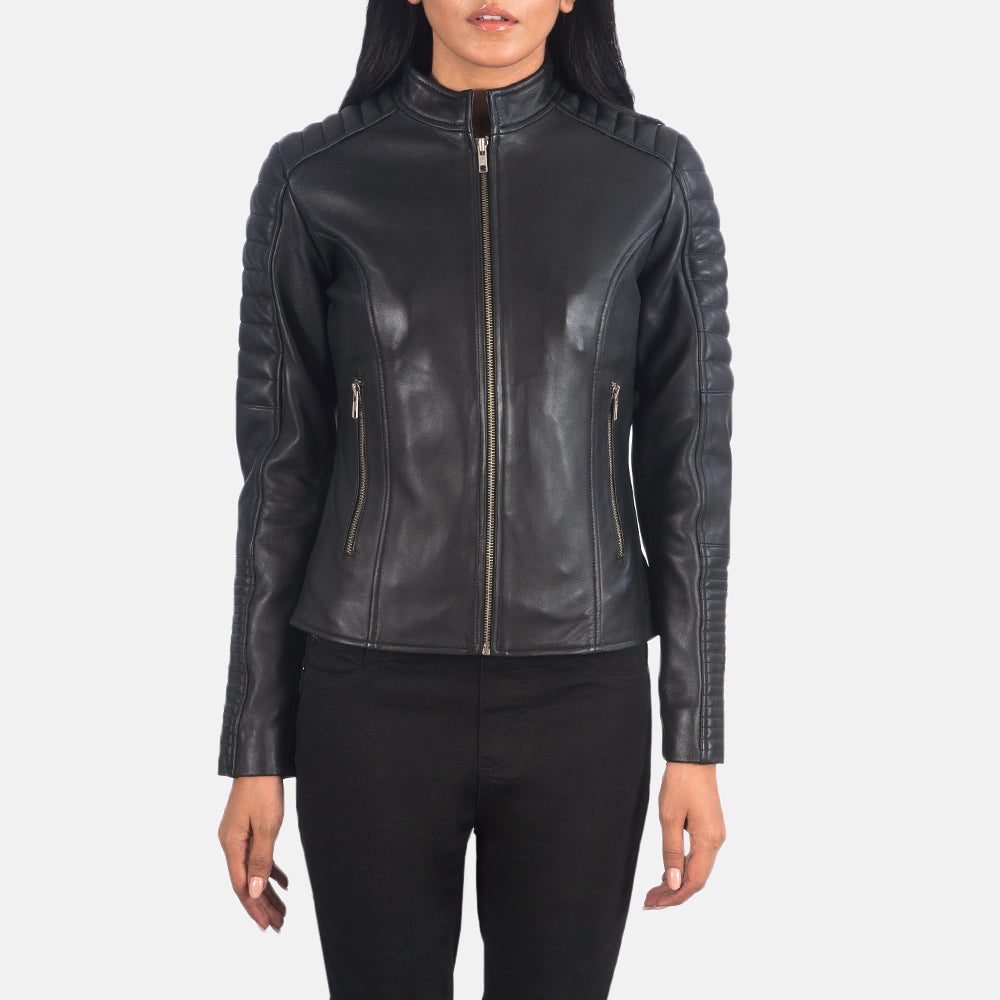 Close-Up Detail of Band &amp; Zipper Hardware on Women's Adalyn Quilted Black Leather Biker Jacket