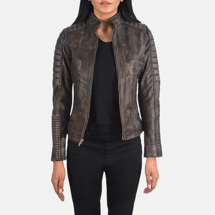 Adalyn Quilted Distressed ყავისფერი ტყავის ბაიკერის ქურთუკი ქალის