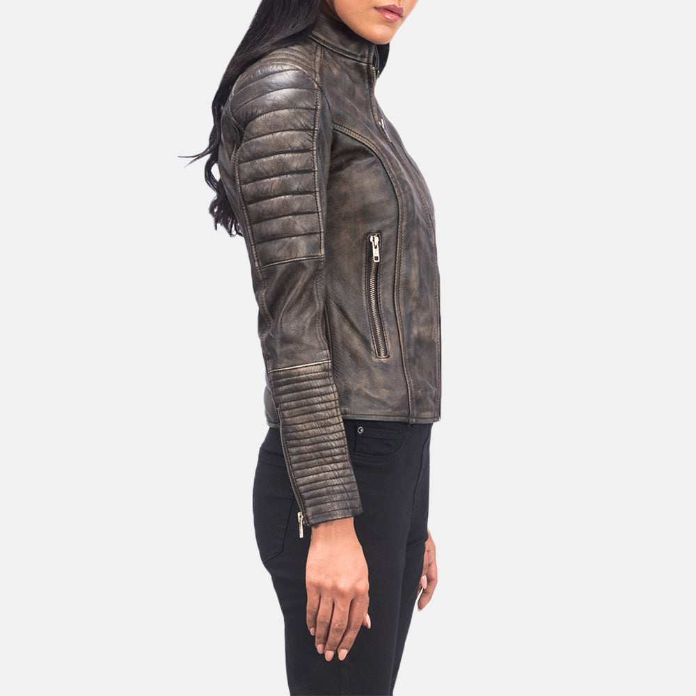 
Distressed Brown Goatskin Leather Biker Jacket - უკანა ხედი გამოკვეთილი მხრებით და სუფთა დაბოლოებით