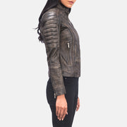 
Distressed Brown Goatskin Leather Biker Jacket - უკანა ხედი გამოკვეთილი მხრებით და სუფთა დაბოლოებით