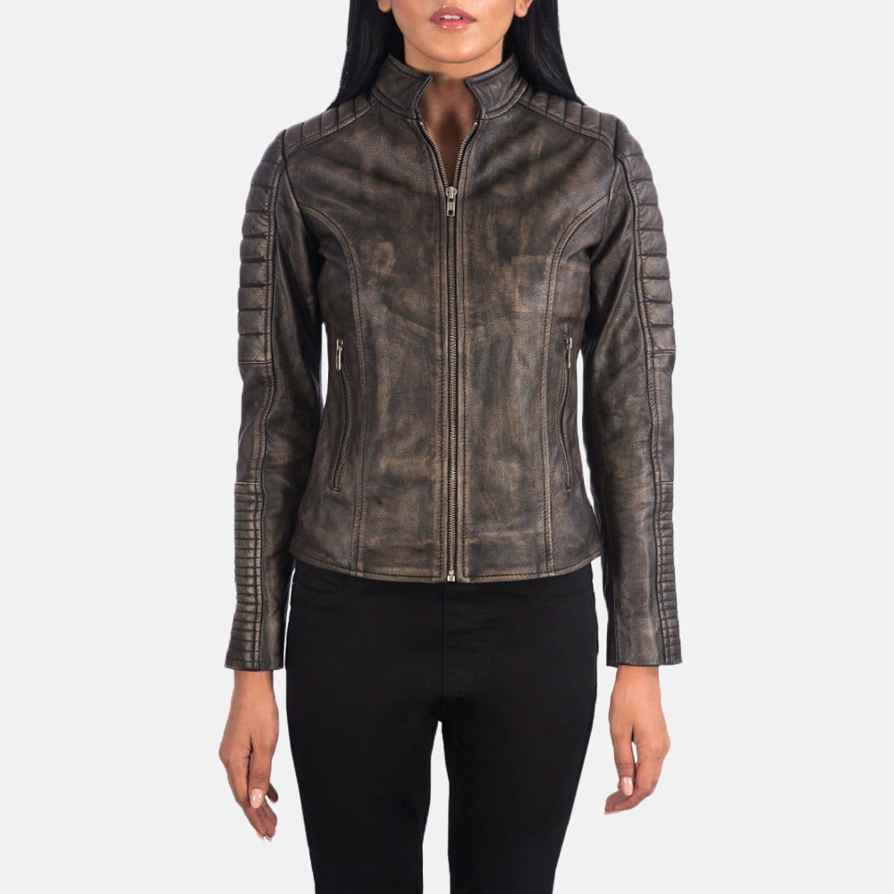 
ახლო ხედი of Band & Zipper Hardware on Adalyn ნაკერიანი Distressed ყავისფერი ტყავის ბაიკერის ქურთუკი ქალის