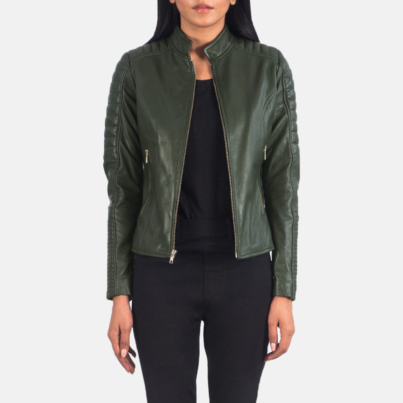 Adalyn Quilted Green ტყავის ბაიკერის ქურთუკი ქალის