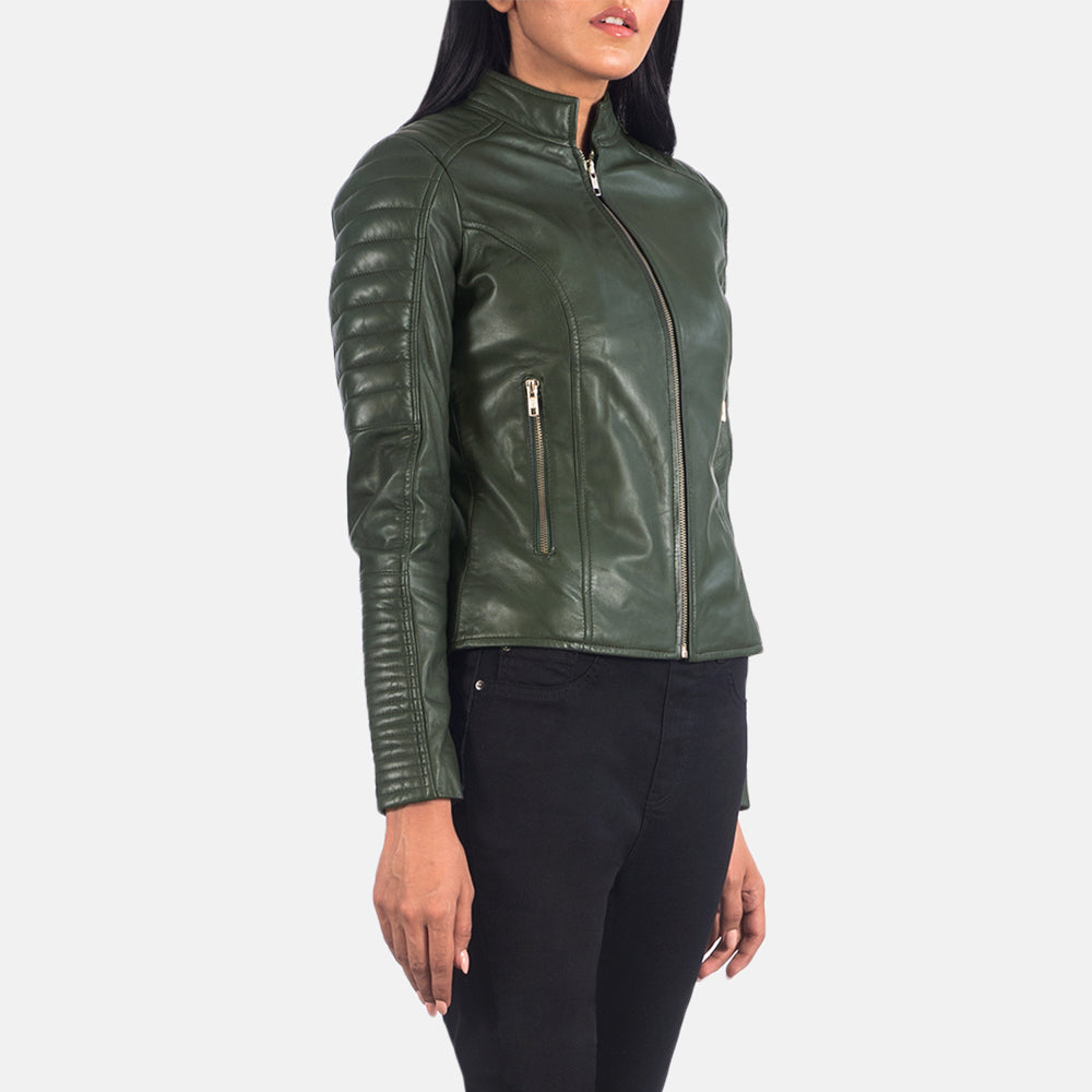 
Green Sheepskin Leather Biker Jacket - უკანა ხედი გამოკვეთილი მხრებით და სუფთა დაბოლოებით