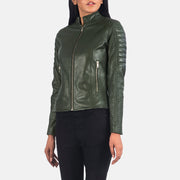 
ახლო ხედი of Band & Zipper Hardware on Adalyn ნაკერიანი მწვანე ტყავის ბაიკერის ქურთუკი ქალის