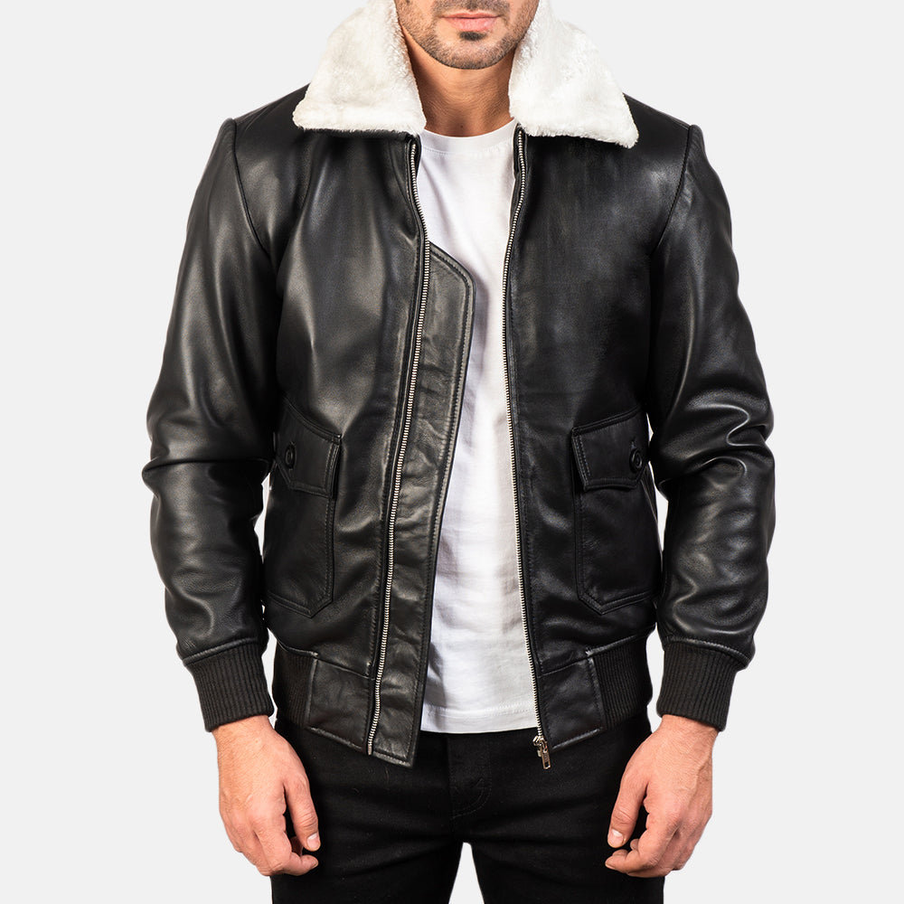 
Airin G-1 Black & White Leather Bomber Jacket in Black Sheepskin Leather - წინა ხედი და მორგებული სილუეტი | შეიძინეთ ონლაინ