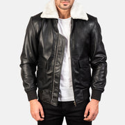 
Airin G-1 Black & White Leather Bomber Jacket in Black Sheepskin Leather - წინა ხედი და მორგებული სილუეტი | შეიძინეთ ონლაინ