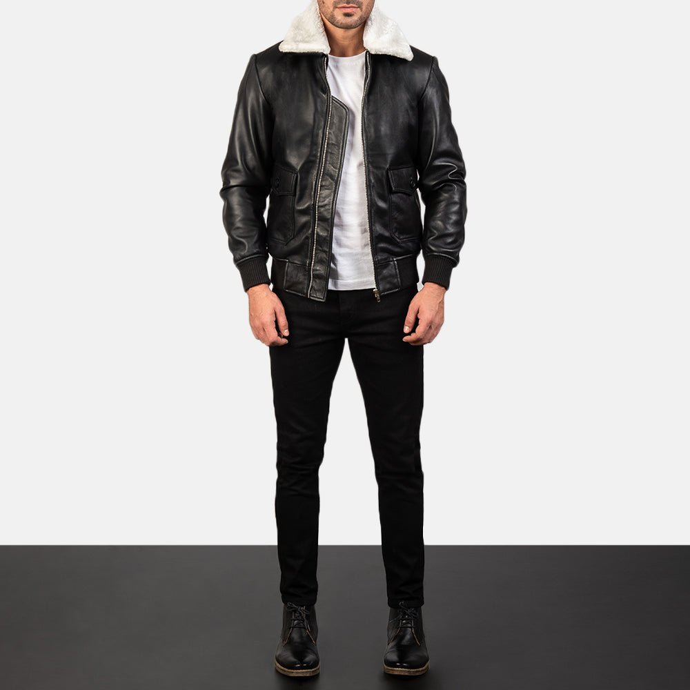 
Airin G-1 Black & White Leather Bomber Jacket - გვერდითი პროფილი ერგონომიული სახელოს ჭრით