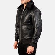 
Black Sheepskin Leather Bomber Jacket - უკანა ხედი გამოკვეთილი მხრებით და სუფთა დაბოლოებით