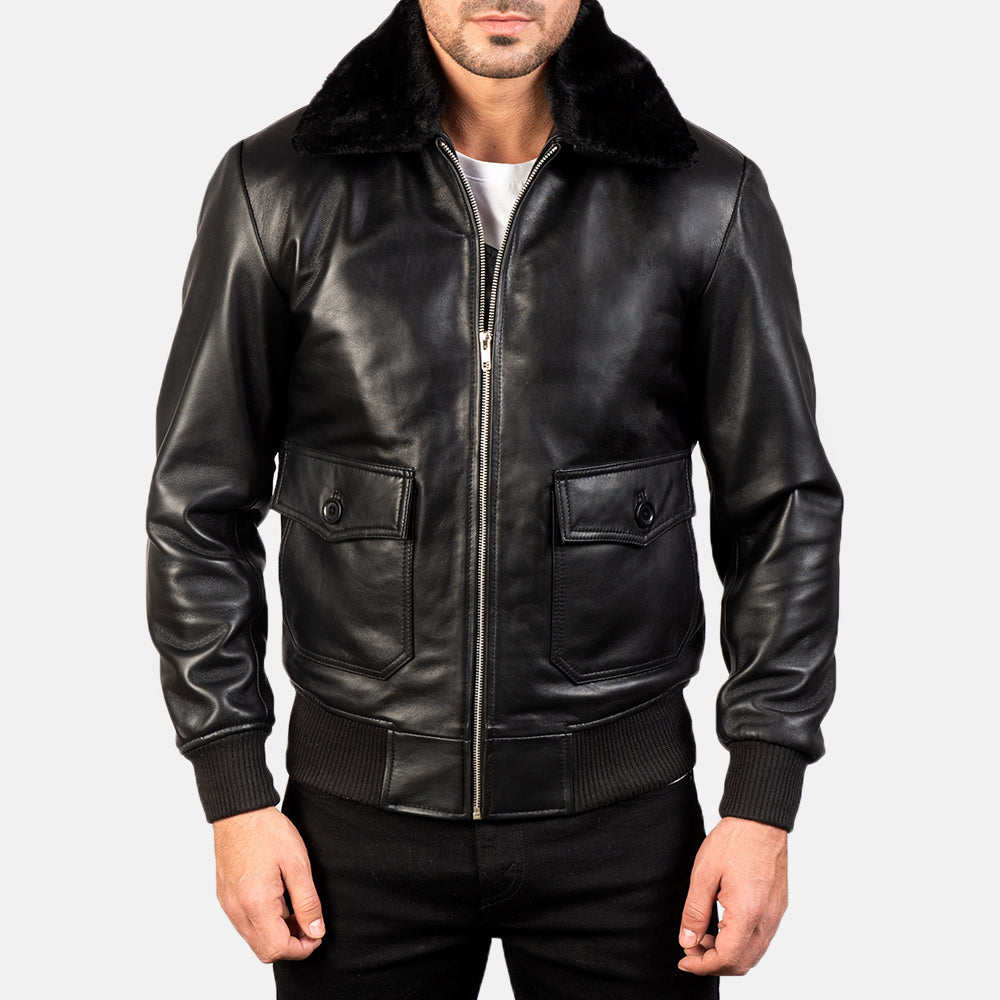 
ახლო ხედი of Shirt with Removable Fur & Zipper Hardware on Airin G-1 შავი ტყავის ბომბერი მამაკაცის
