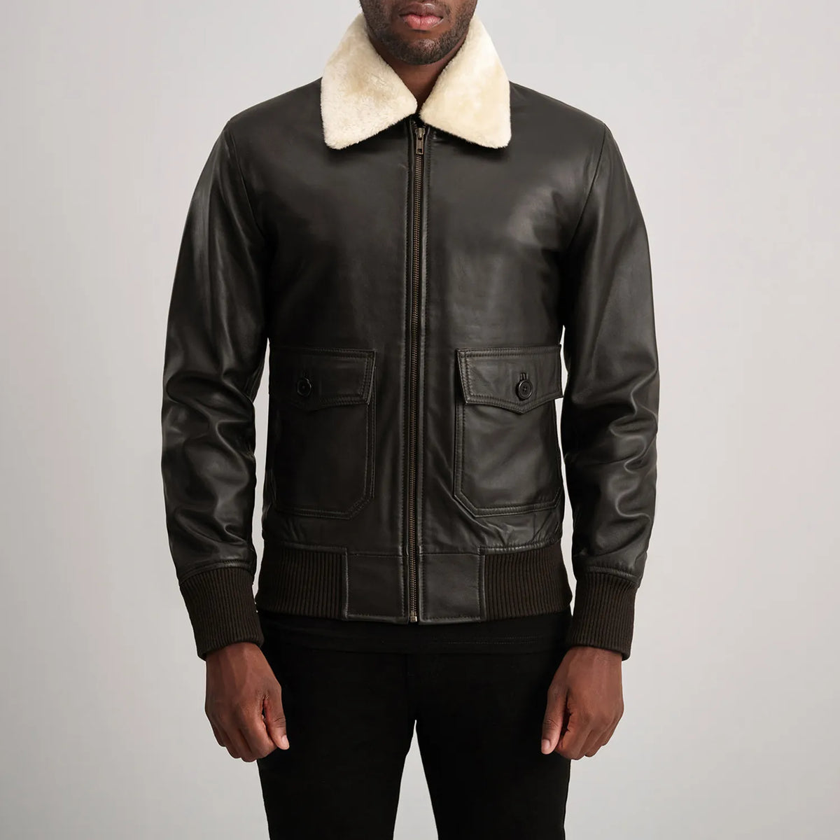 
ახლო ხედი of Shirt with Removable Fur & Zipper Hardware on Airin G-1 ყავისფერი & Cream ტყავის ბომბერი მამაკაცის