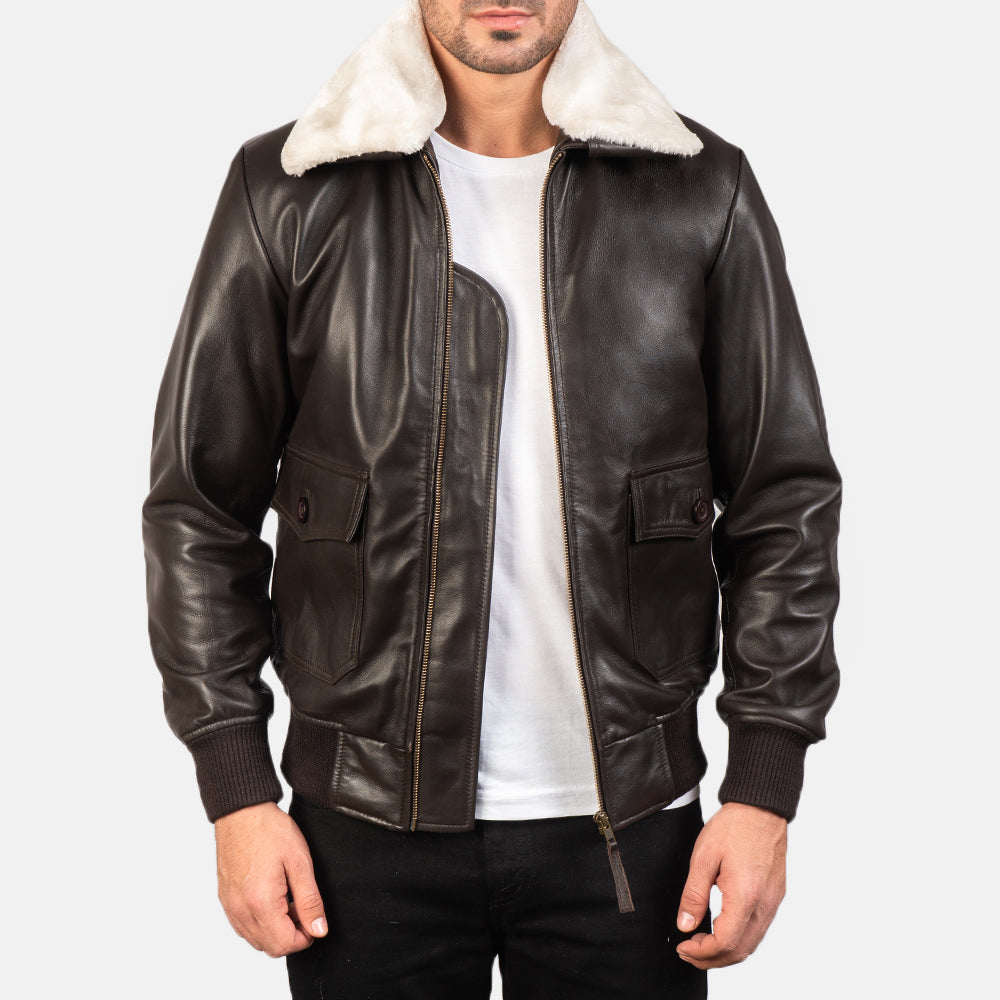 
Airin G-1 ყავისფერი ტყავის ბომბერი მამაკაცის in Brown Sheepskin Leather - წინა ხედი და მორგებული სილუეტი | შეიძინეთ ონლაინ
