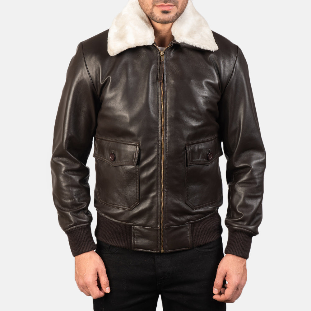 
ახლო ხედი of Shirt with Removable Fur & Zipper Hardware on Airin G-1 ყავისფერი ტყავის ბომბერი მამაკაცის