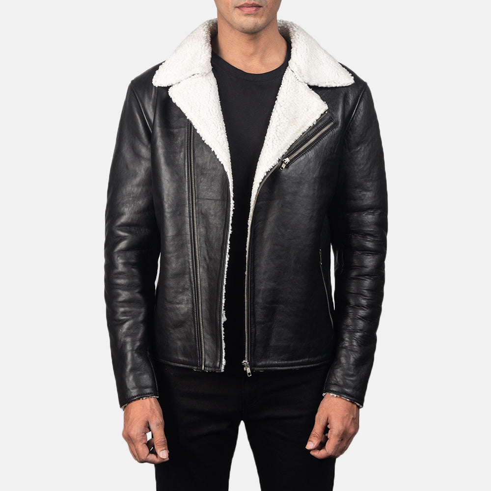
Alberto White Shearling შავი ტყავის ქურთუკი მამაკაცის in Black Sheepskin Leather - წინა ხედი და მორგებული სილუეტი | შეიძინეთ ონლაინ