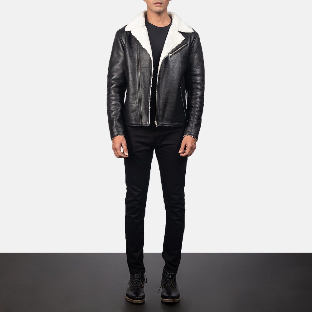 
ახლო ხედი of Notch & Zipper Hardware on Alberto White Shearling შავი ტყავის ქურთუკი მამაკაცის