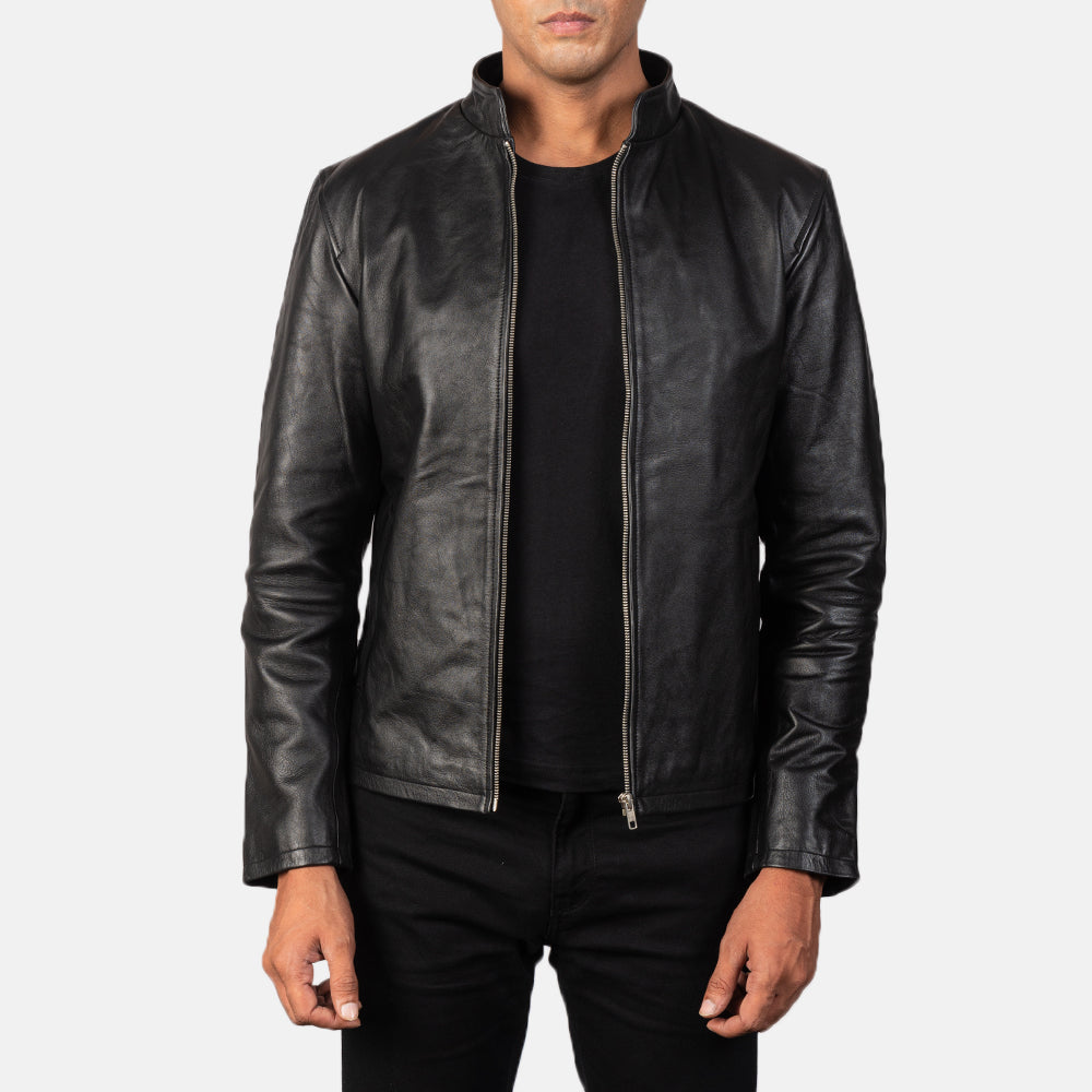 
Alex Black Leather Biker Jacket in Black Cowhide Leather - წინა ხედი და მორგებული სილუეტი | შეიძინეთ ონლაინ