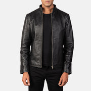 
Alex Black Leather Biker Jacket in Black Cowhide Leather - წინა ხედი და მორგებული სილუეტი | შეიძინეთ ონლაინ