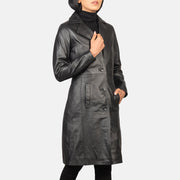 
Black Cowhide leather Coat - უკანა ხედი გამოკვეთილი მხრებით და სუფთა დაბოლოებით