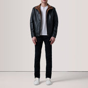 
Brown Sheepskin Leather Bomber Jacket - უკანა ხედი გამოკვეთილი მხრებით და სუფთა დაბოლოებით