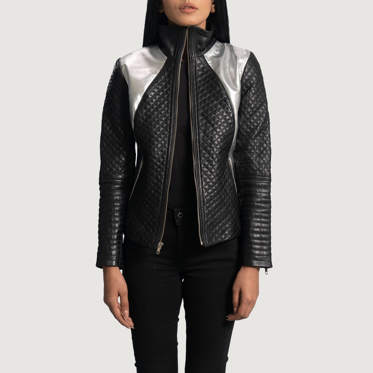 Women's Alia Metallic Black Leather Biker Jacket in Black Sheepskin Leather - Front Profile View &amp; Tailored Silhouette | Buy Online