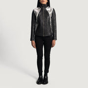 Close-Up Detail of High Neck &amp; Zipper Hardware on Women's Alia Metallic Black Leather Biker Jacket