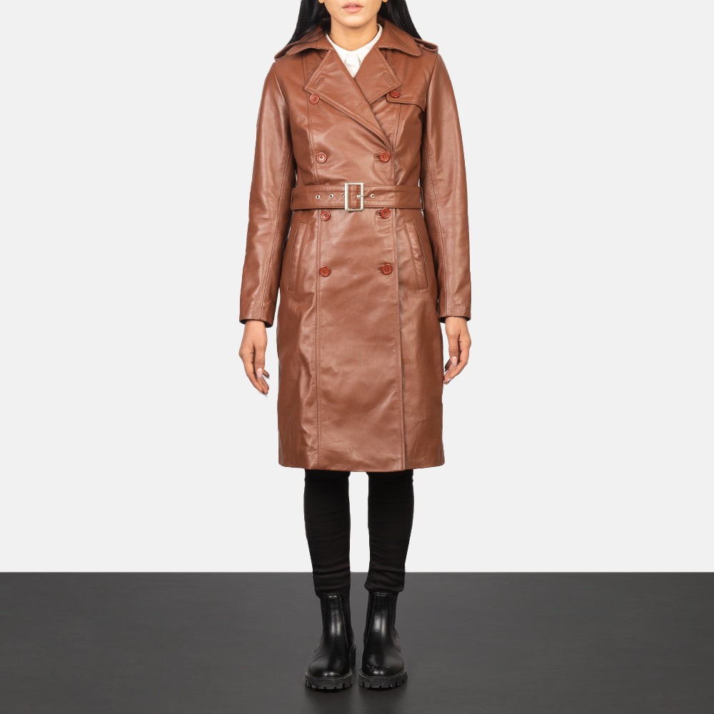 Alice ყავისფერი Double Breasted Leather Coat ქალის in Black Cowhide Leather - Front Profile View &amp; Tailored Silhouette | Buy Online