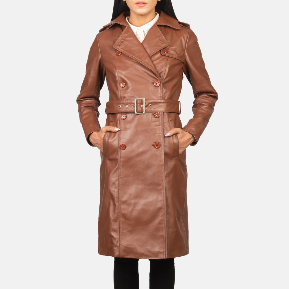 Alice ყავისფერი Double Breasted Leather Coat ქალის - Lateral Side Profile View Showing Sleeve Cut &amp; Athletic Taper Fit