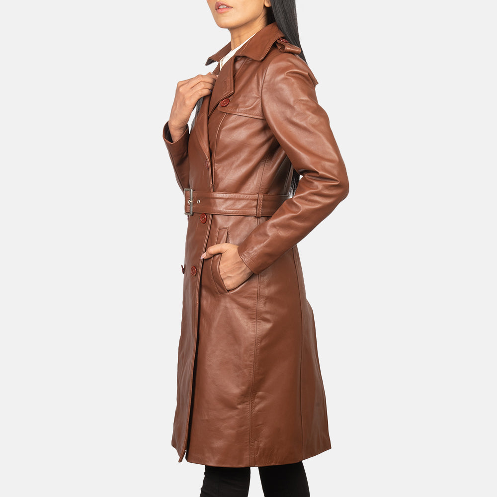 Close-Up Detail of Notch &amp; Buttons Hardware on Alice ყავისფერი Double Breasted Leather Coat ქალის