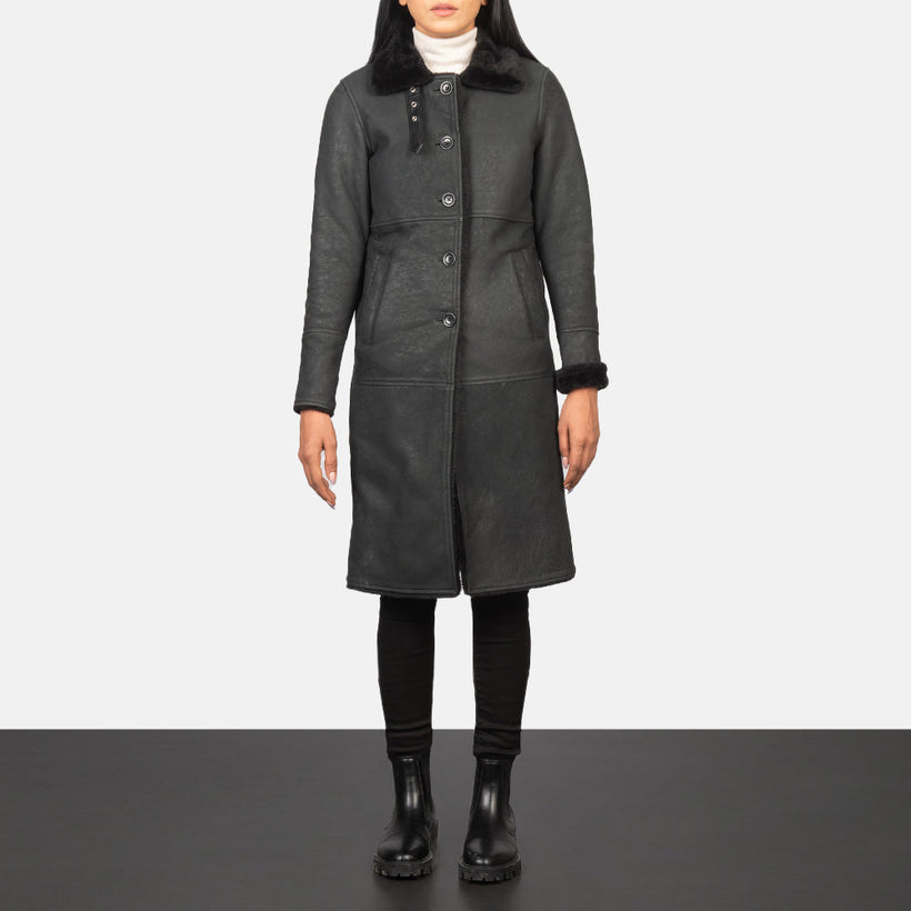 Women's Alina Shearling Black Leather Coat in Distressed Black Sheepskin Leather - Front Profile View & Tailored Silhouette | Buy Online