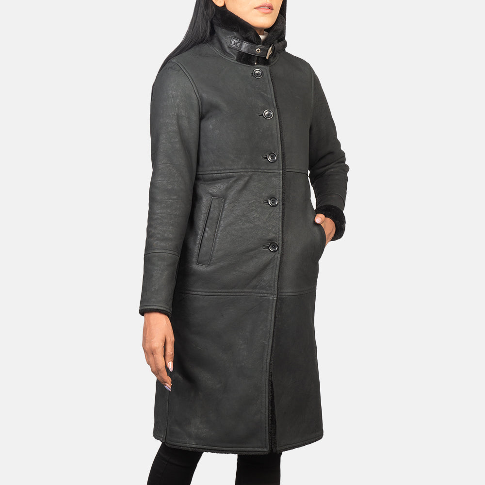 
Distressed Black Sheepskin Leather Aviator Jacket - უკანა ხედი გამოკვეთილი მხრებით და სუფთა დაბოლოებით