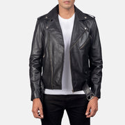 
Allaric Alley Black Leather Biker Jacket in Black Cowhide Leather - წინა ხედი და მორგებული სილუეტი | შეიძინეთ ონლაინ