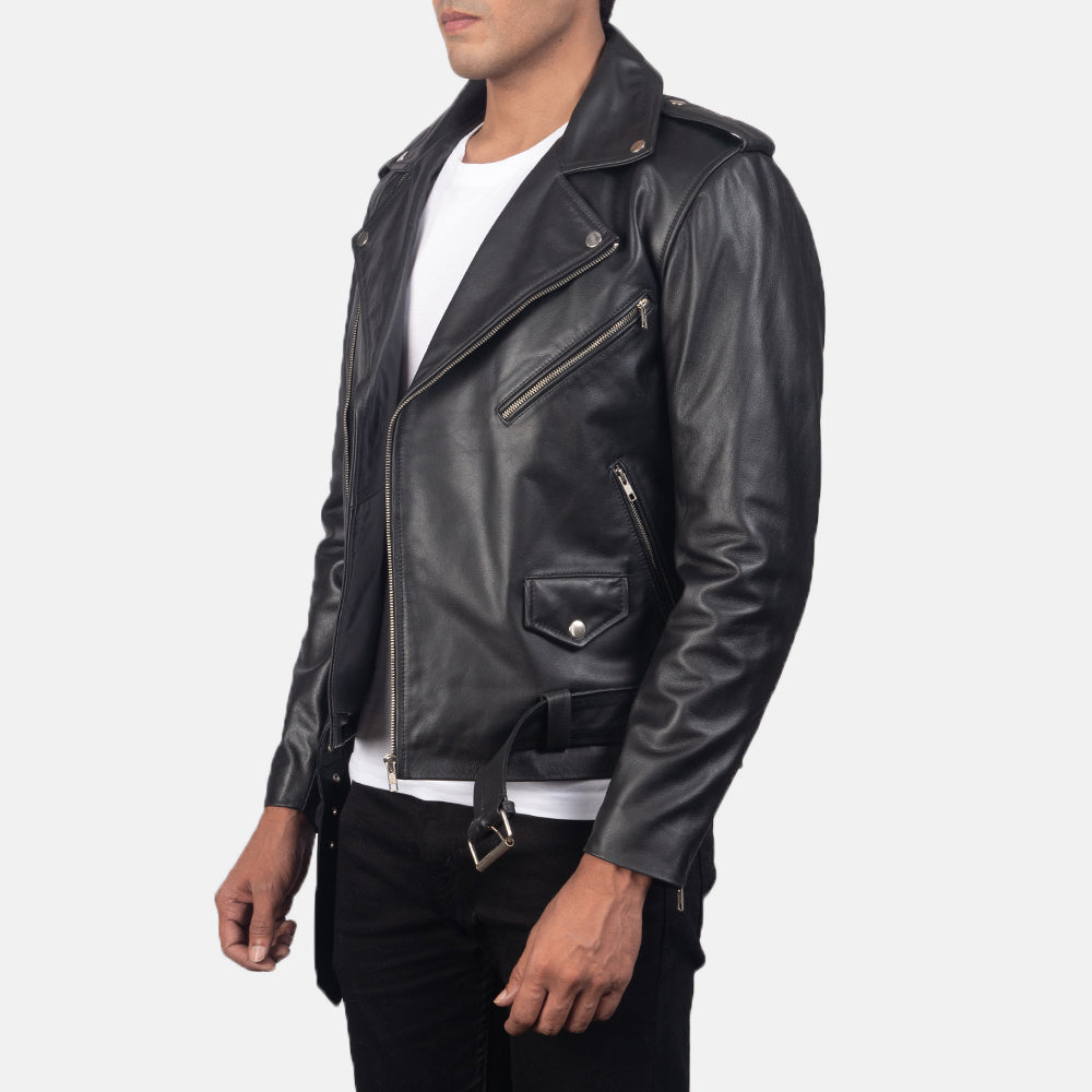 
Black Cowhide Leather Biker Jacket - უკანა ხედი გამოკვეთილი მხრებით და სუფთა დაბოლოებით